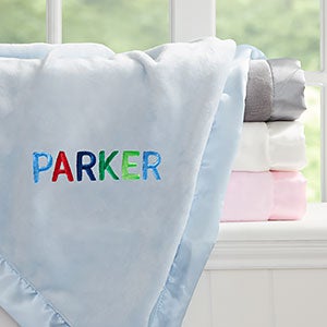 Rainbow Name Embroidered Blue Satin Trim Baby Blanket