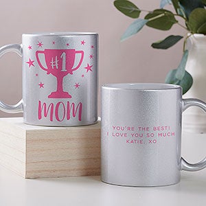 #1 Mom Trophy Personalized 11oz Silver Glitter Coffee Mug