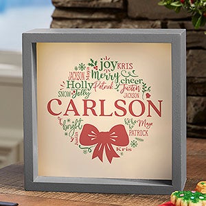 Merry Mistletoe Wreath Personalized LED Grey Shadow Box - 6x6
