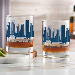 Houston Skyline Personalized Printed Whiskey Glasses