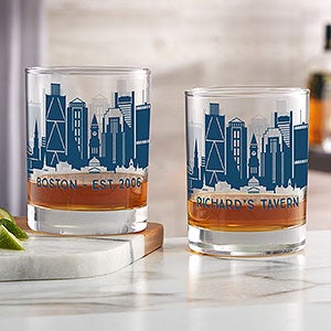 Boston Skyline Personalized Printed Whiskey Glasses