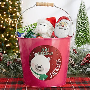 Holly Jolly Characters Personalized Christmas Large Treat Bucket - Pink