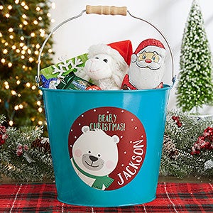 Holly Jolly Characters Personalized Christmas Large Treat Bucket - Turquoise