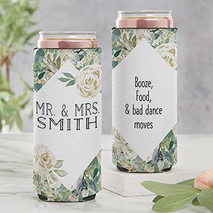 Neutral Colorful Floral Personalized Wedding Favor Slim Can Cooler