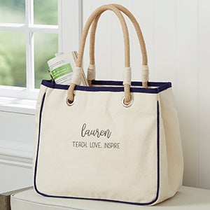 Scripty Style Embroidered Canvas Rope Tote - Navy