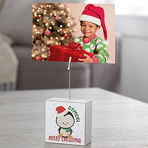 Holly Jolly First Christmas Penguin Personalized Photo Clip Block