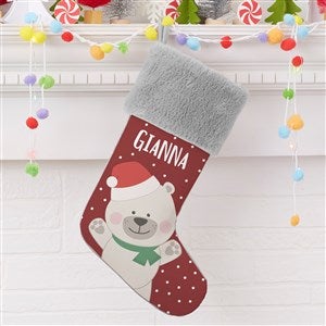 Holly Jolly Polar Bear Personalized Grey Faux Fur Christmas Stocking