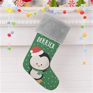Holly Jolly Penguin Personalized Grey Faux Fur Christmas Stocking