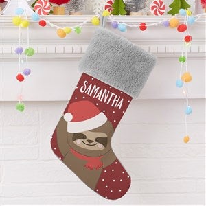 Holly Jolly Sloth Personalized Grey Faux Fur Christmas Stocking