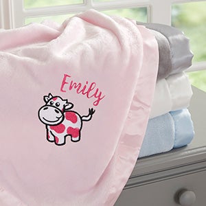 Cow Embroidered Pink Satin Trim Baby Blanket