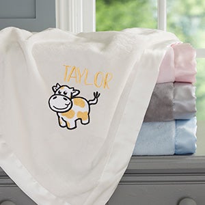 Cow Embroidered Ivory Satin Trim Baby Blanket
