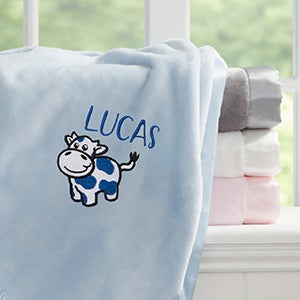 Cow Embroidered Blue Satin Trim Baby Blanket
