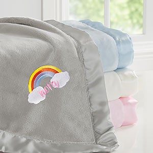 Rainbow Embroidered Grey Satin Trim Baby Blanket