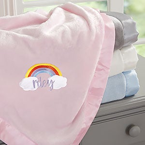 Rainbow Embroidered Pink Satin Trim Baby Blanket