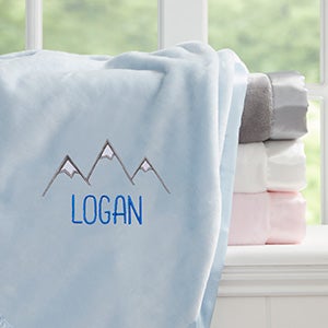 Mountains Embroidered Blue Satin Trim Baby Blanket