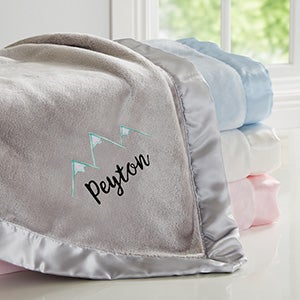 Mountains Embroidered Grey Satin Trim Baby Blanket