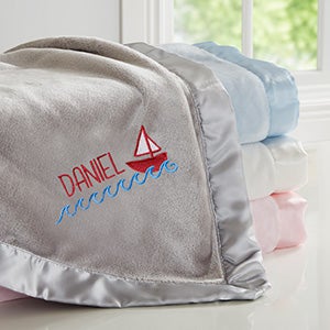 Sailboat Embroidered Grey Satin Trim Baby Blanket