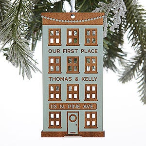 Our First Place Personalized Blue Stain Wood Ornament