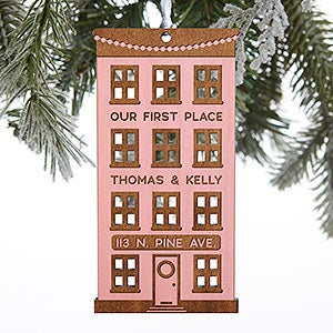 Our First Place Personalized Pink Stain Wood Ornament