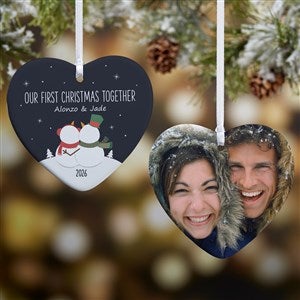 Snow Couple Personalized Heart Ornament - 2 Sided Glossy