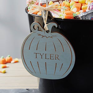 Personalized Blue Stain Wood Pumpkin Tag