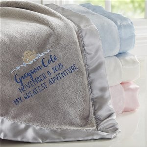 Precious Moments Noah's Ark Embroidered Baby Boy Grey Satin Trim Blanket