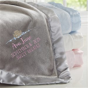 Precious Moments Noah's Ark Embroidered Baby Girl Grey Satin Trim Blanket