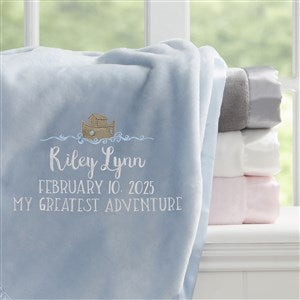 Precious Moments Noah's Ark Embroidered Baby Girl Blue Satin Trim Blanket