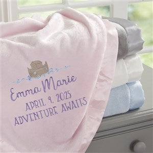 Precious Moments Noah's Ark Embroidered Baby Girl Pink Satin Trim Blanket