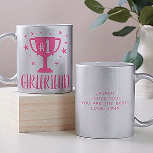 #1 Girlfriend Trophy Personalized 11oz Silver Glitter Coffee Mug