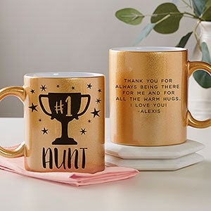#1 Aunt Trophy Personalized 11oz Gold Glitter Coffee Mug