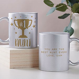 #1 Aunt Trophy Personalized 11oz Silver Glitter Coffee Mug