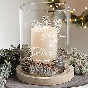 Festive Foliage Personalized Christmas Wood Hurricane Candle Holder