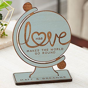 Love Makes The World Go Round Personalized Wood Keepsake - Blue Stain