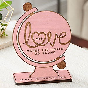 Love Makes The World Go Round Personalized Wood Keepsake - Pink Stain