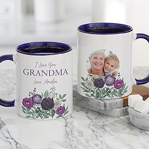 Floral Love For Grandma Personalized Photo Coffee Mug 11oz Blue