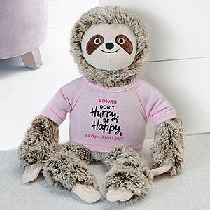 Don't Hurry, Be Happy Personalized Plush Sloth Stuffed Animal - Pink