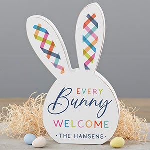 Bright Plaid Personalized Wooden Bunny Shelf Decoration