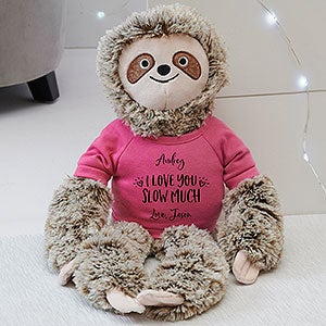 I Love You Slow Much Personalized Plush Sloth Stuffed Animal - Raspberry