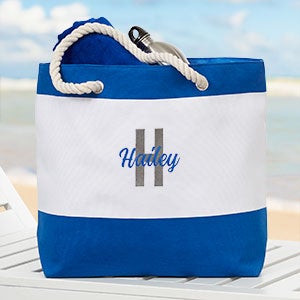 Playful Name Embroidered Blue Beach Tote
