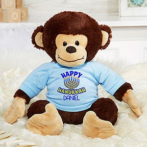 Happy Hanukkah Personalized Plush Monkey - Blue