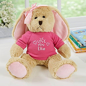 Personalized Heart Tan Plush Bunny - All My Love - Pink