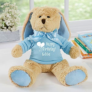 Personalized Tan Plush Bunny - Happy Birthday - Blue