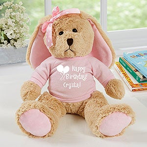 Personalized Tan Plush Bunny - Happy Birthday - Pink