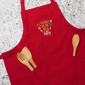 Living on the Veg Embroidered Cherry Red Apron