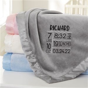 Birth Info Embroidered Grey Satin Trim Baby Blanket