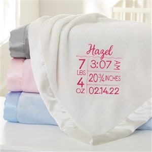 Birth Info Embroidered Ivory Satin Trim Baby Blanket