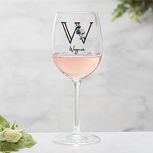 Navy Colorful Floral Personalized White Wine Glass