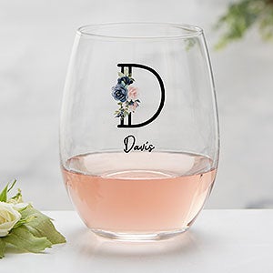 Navy Colorful Floral Personalized Stemless Wine Glass