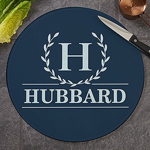 Laurel Wreath Personalized Round Glass Cutting Board - 12 inch
